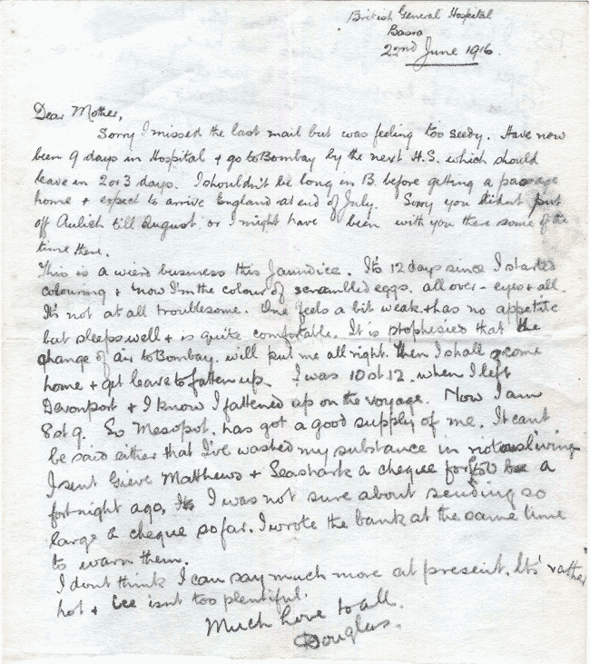 Letter from John Douglas Hume in hospital at Basra, 22 June 1916. National Records of Scotland reference: GD486/110